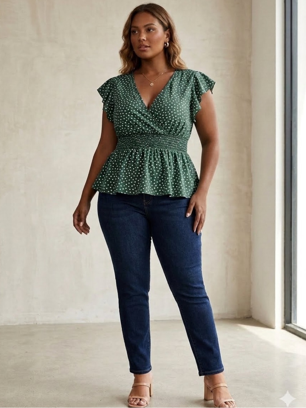 Sage Green Smocked Peplum Blouse White Polka Dot 3xl